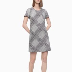 👩‍💼 CALVIN KLEIN | Black & White Tweed Plaid Short-Sleeve Shift Dress – Size 10